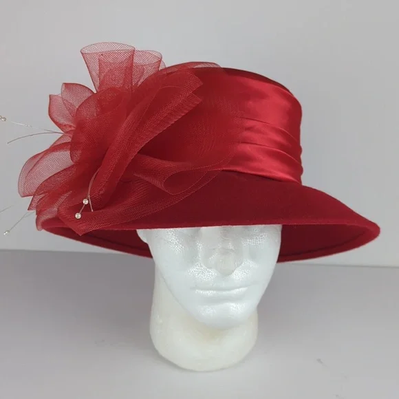 VINTAGE Women's Red Wool Satin Kentuky Derby Easter Church Hat - Picture 4 of 7